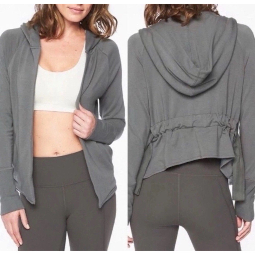 Athleta Women's M Clarity Cinch Open Front Gray Hooded Cardigan Sweatshirt Cozy